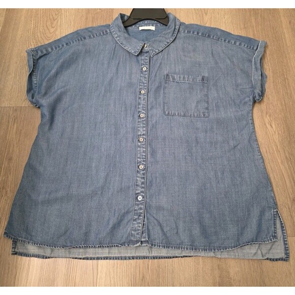 Calvin Klein 2X Plus Chambray Lyocell Denim Button Front Short Sleeve Top Blue - Picture 2 of 12